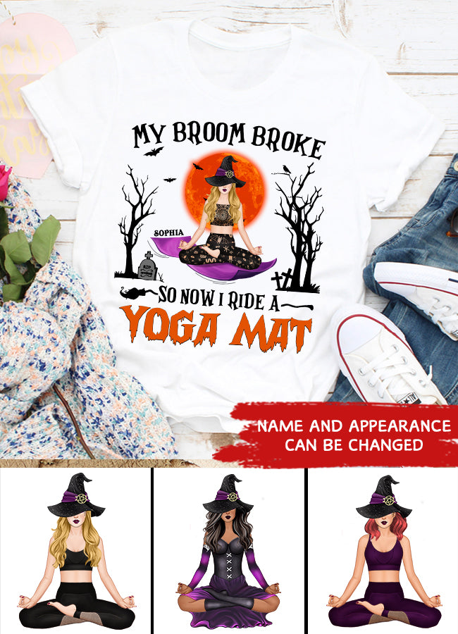 Personalized tshirt, my broom broke so now i ride a yoga mat shirt, Witched Yoga T Shirt, Halloween T Shirt, Halloween Gift For Yoga Lovers