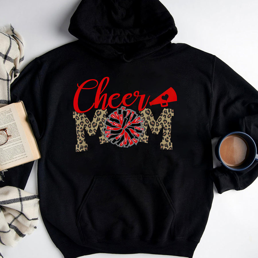Cheer Mom Shirt Cheer Mom Biggest Fan Leopard Print Black And Red Pom Pom T-Shirt Mothers Day Shirts for Women
