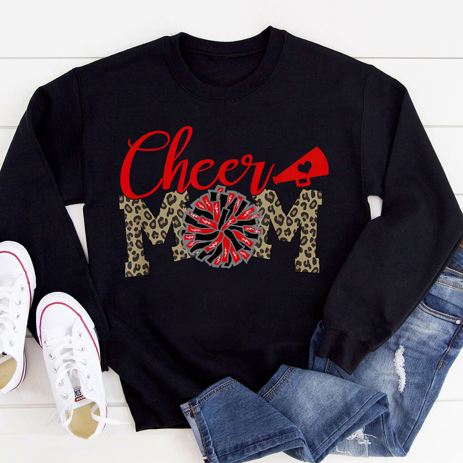 Cheer Mom Shirt Cheer Mom Biggest Fan Leopard Print Black And Red Pom Pom T-Shirt Mothers Day Shirts for Women