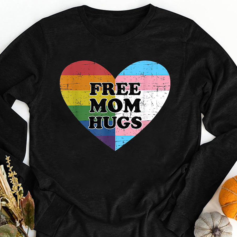 LGBT Shirts, Rainbow Pride Shirt,Free mom hugs with rainbow and transgender flag heart T-Shirt