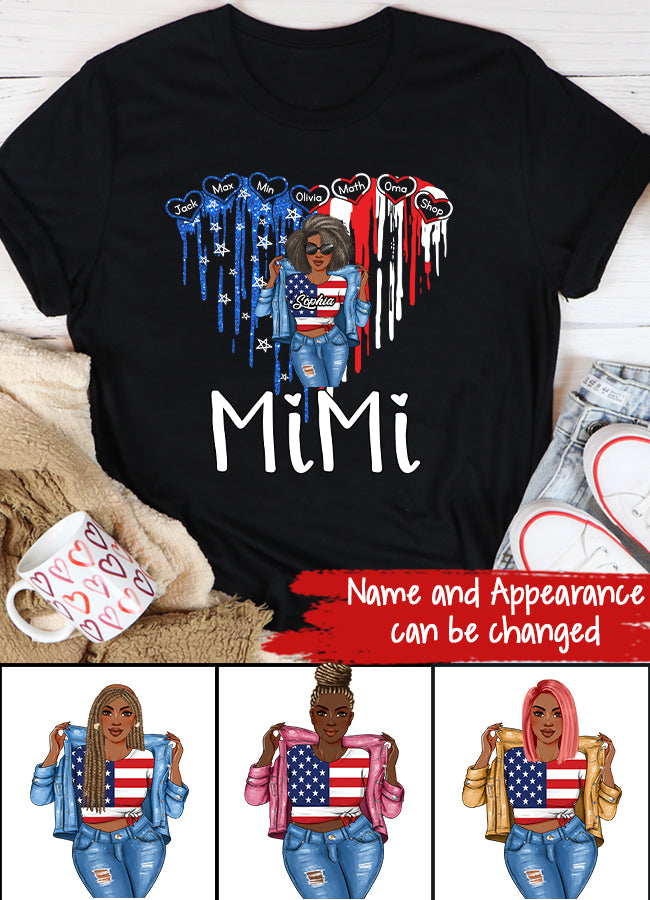 Love Heart Grandma With Grandkids USA Independence Day T-Shirt, Personalized Nana Mimi Grandma With Kids Names Shirt, Love Heart USA Shirt