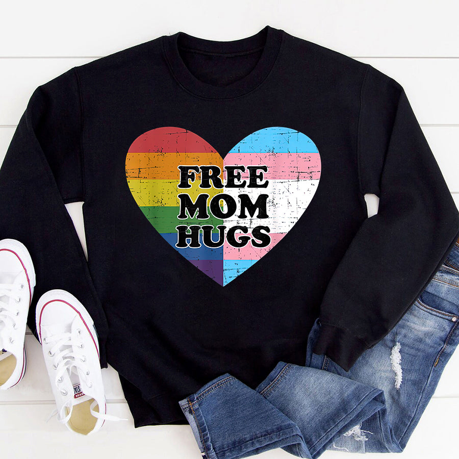 LGBT Shirts, Rainbow Pride Shirt,Free mom hugs with rainbow and transgender flag heart T-Shirt