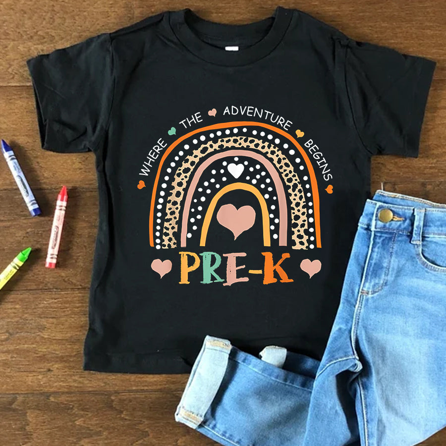 Happy First Day Shirts Leopard Rainbow Pre-K Where The Adventure Begins T-Shirt