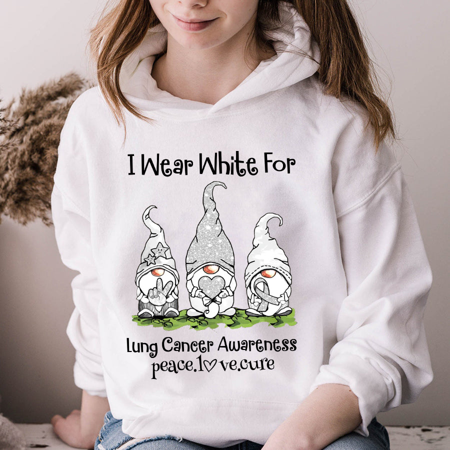 I Wear White For Lung Cancer Awareness Gnomes Peace Love Cure  Ribbon T Shirt , Lung Cancer Awareness Ribbon Day, White Ribbon