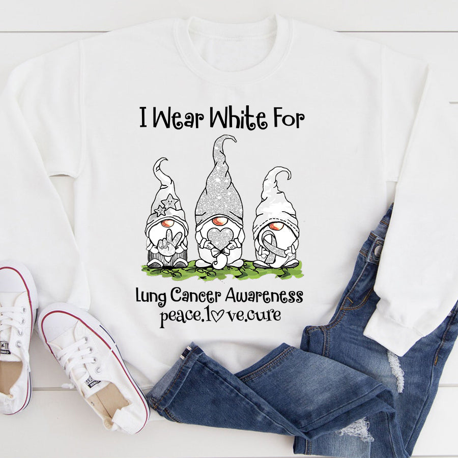I Wear White For Lung Cancer Awareness Gnomes Peace Love Cure  Ribbon T Shirt , Lung Cancer Awareness Ribbon Day, White Ribbon
