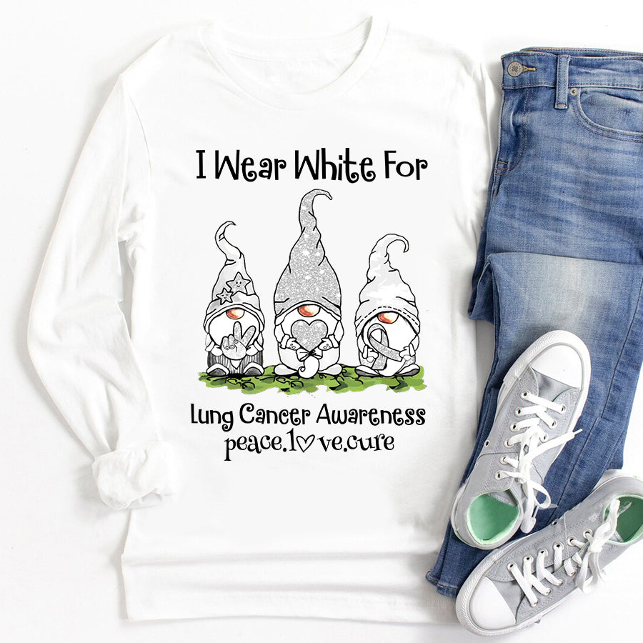 I Wear White For Lung Cancer Awareness Gnomes Peace Love Cure  Ribbon T Shirt , Lung Cancer Awareness Ribbon Day, White Ribbon