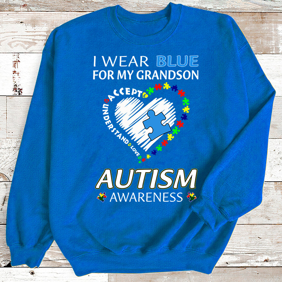 I Wear Blue For My Grandson Autism Awareness T-Shirt Grandma Grandpa Autism Awareness Shirt