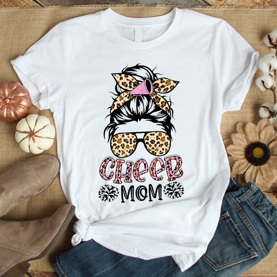 Cheer Mom Shirt Cheer Mom Leopard Messy Bun Cheerleader Funny Mothers Day T-Shirt Mother Day Shirts