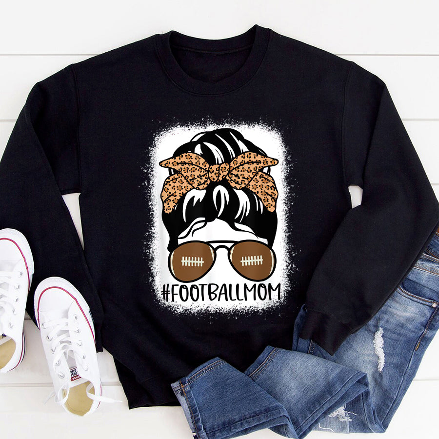 Football Mom Shirt Bleached Football Mom Life With Leopard and Messy Bun T-Shirt Mothers Day Shirts for Women