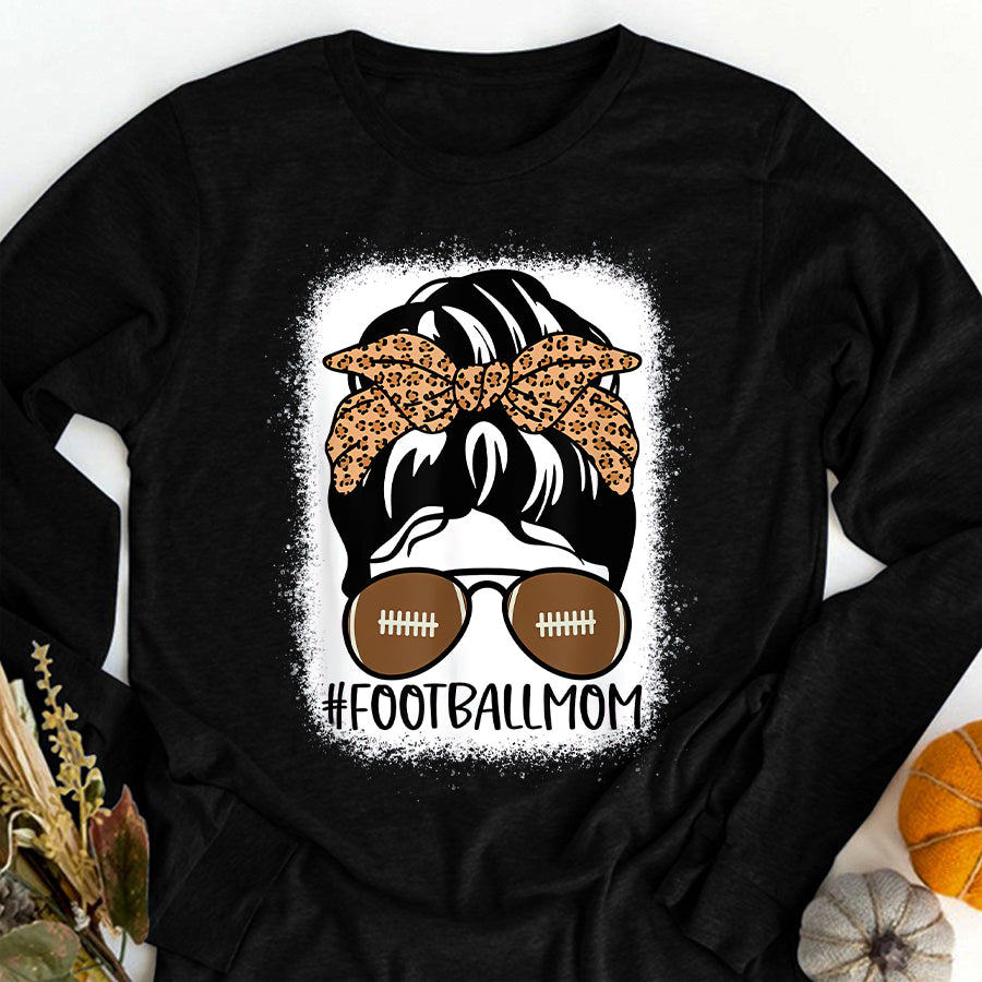 Football Mom Shirt Bleached Football Mom Life With Leopard and Messy Bun T-Shirt Mothers Day Shirts for Women