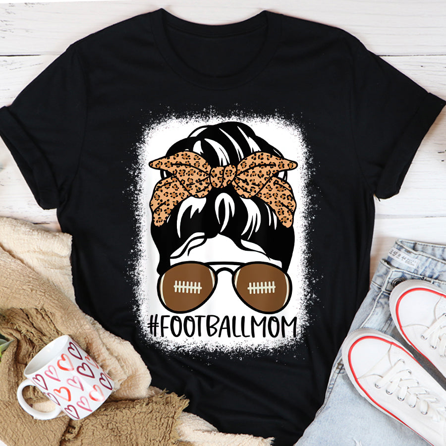 Football Mom Shirt Bleached Football Mom Life With Leopard and Messy Bun T-Shirt Mothers Day Shirts for Women
