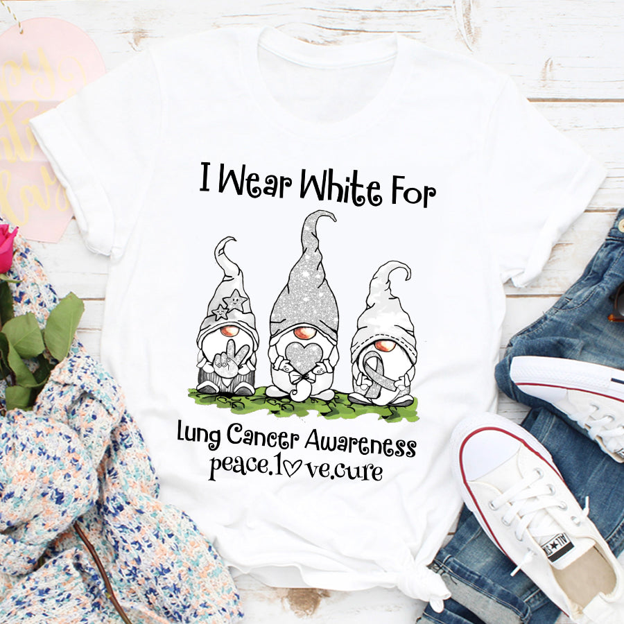 I Wear White For Lung Cancer Awareness Gnomes Peace Love Cure  Ribbon T Shirt , Lung Cancer Awareness Ribbon Day, White Ribbon