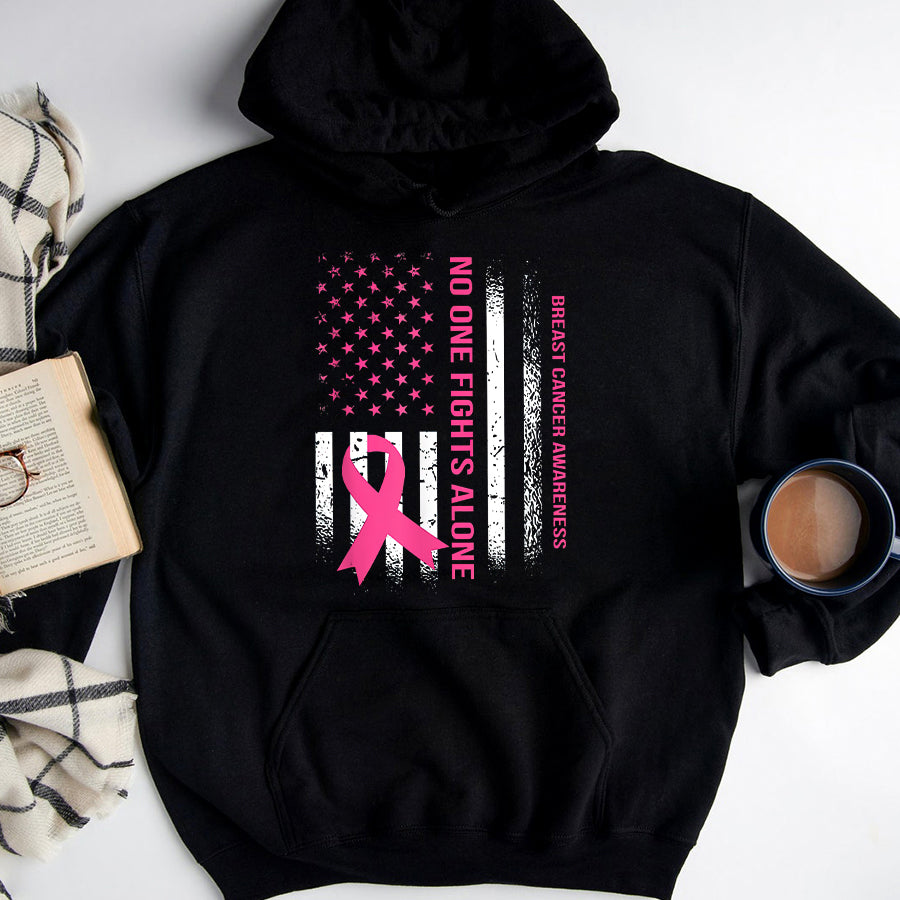 Breast Cancer Awareness Shirts No One Fights Breast Cancer Alone USA Flag Pink Ribbon T-Shirt
