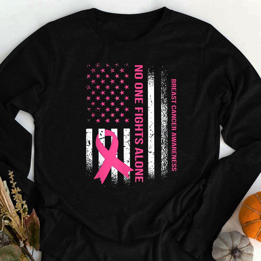 Breast Cancer Awareness Shirts No One Fights Breast Cancer Alone USA Flag Pink Ribbon T-Shirt