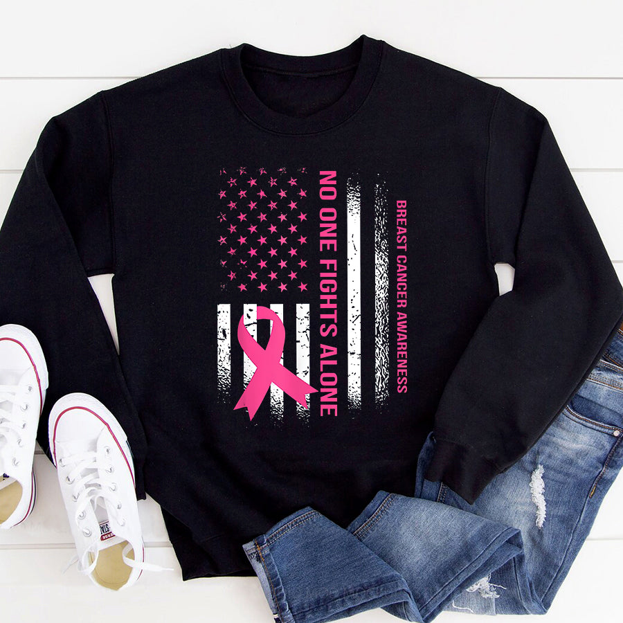 Breast Cancer Awareness Shirts No One Fights Breast Cancer Alone USA Flag Pink Ribbon T-Shirt