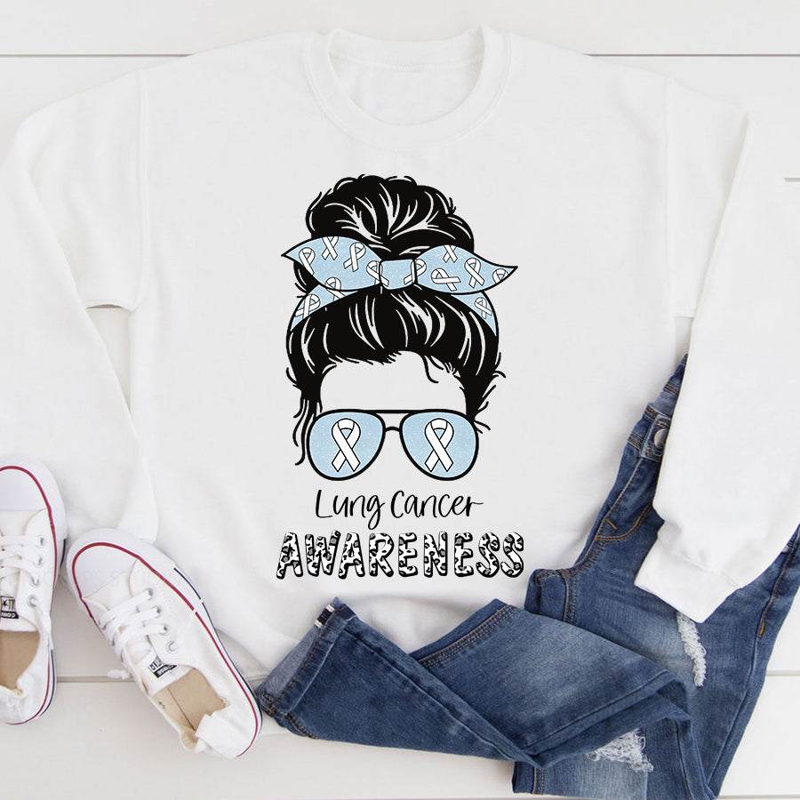 Messy Bun Lung Cancer Awareness White Ribbon T Shirt , Lung Cancer Awareness Ribbon Day Shirt, White Ribbon Gift