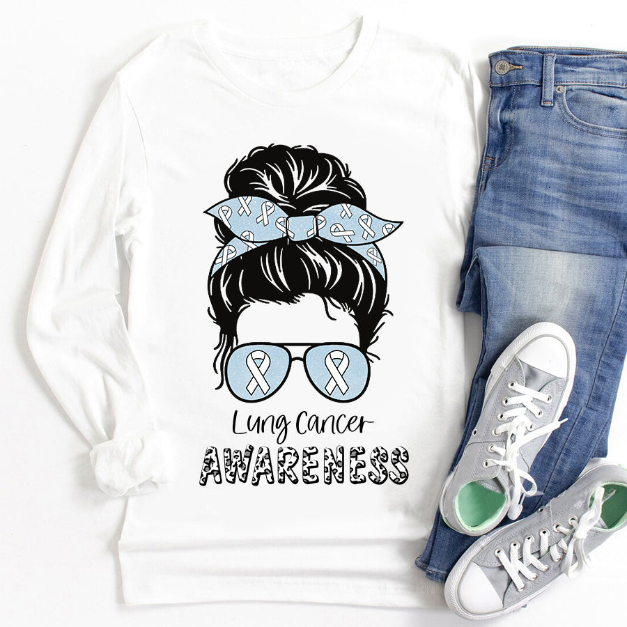 Messy Bun Lung Cancer Awareness White Ribbon T Shirt , Lung Cancer Awareness Ribbon Day Shirt, White Ribbon Gift