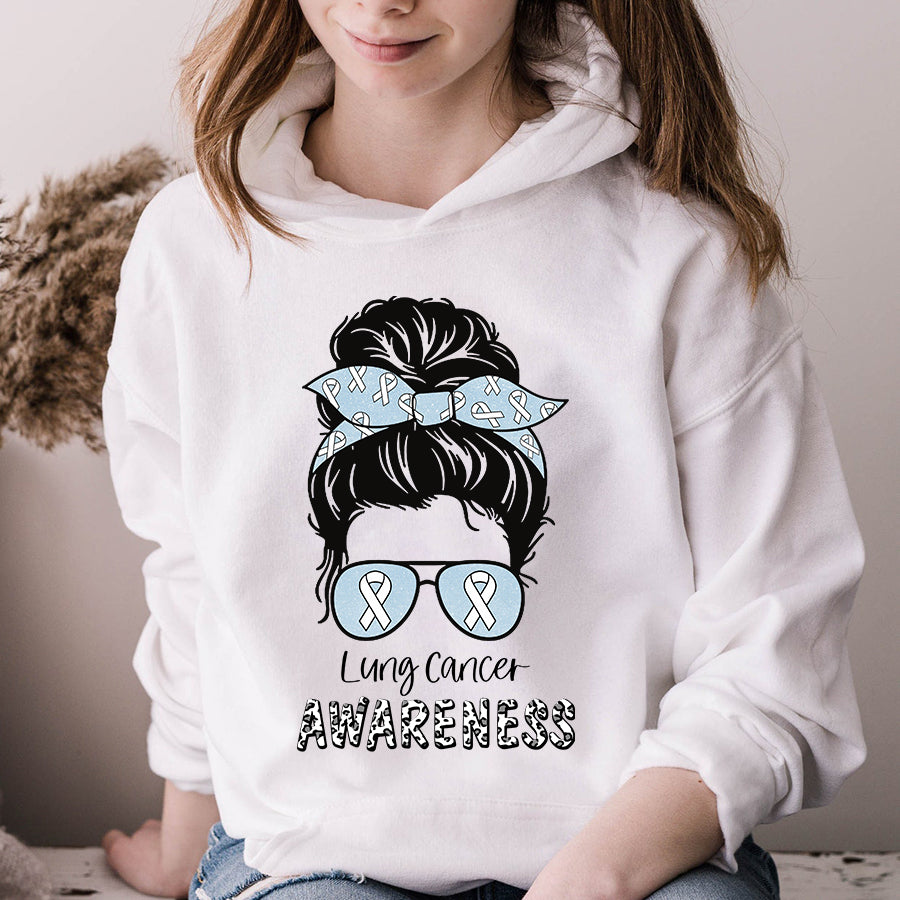 Messy Bun Lung Cancer Awareness White Ribbon T Shirt , Lung Cancer Awareness Ribbon Day Shirt, White Ribbon Gift