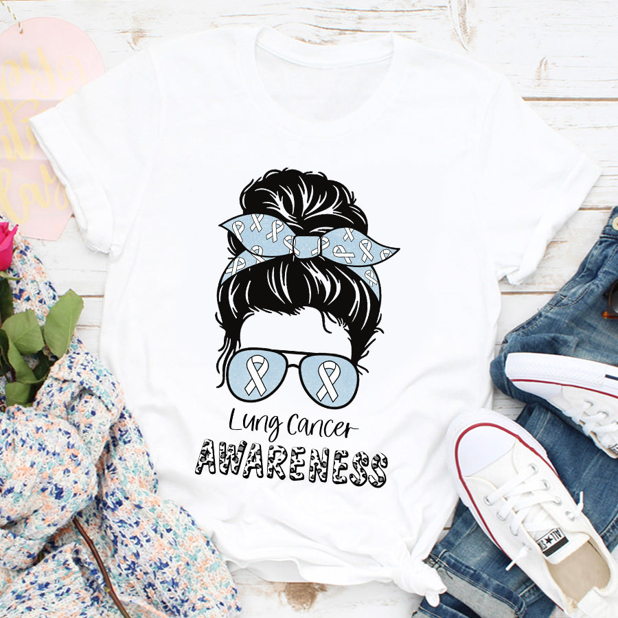 Messy Bun Lung Cancer Awareness White Ribbon T Shirt , Lung Cancer Awareness Ribbon Day Shirt, White Ribbon Gift