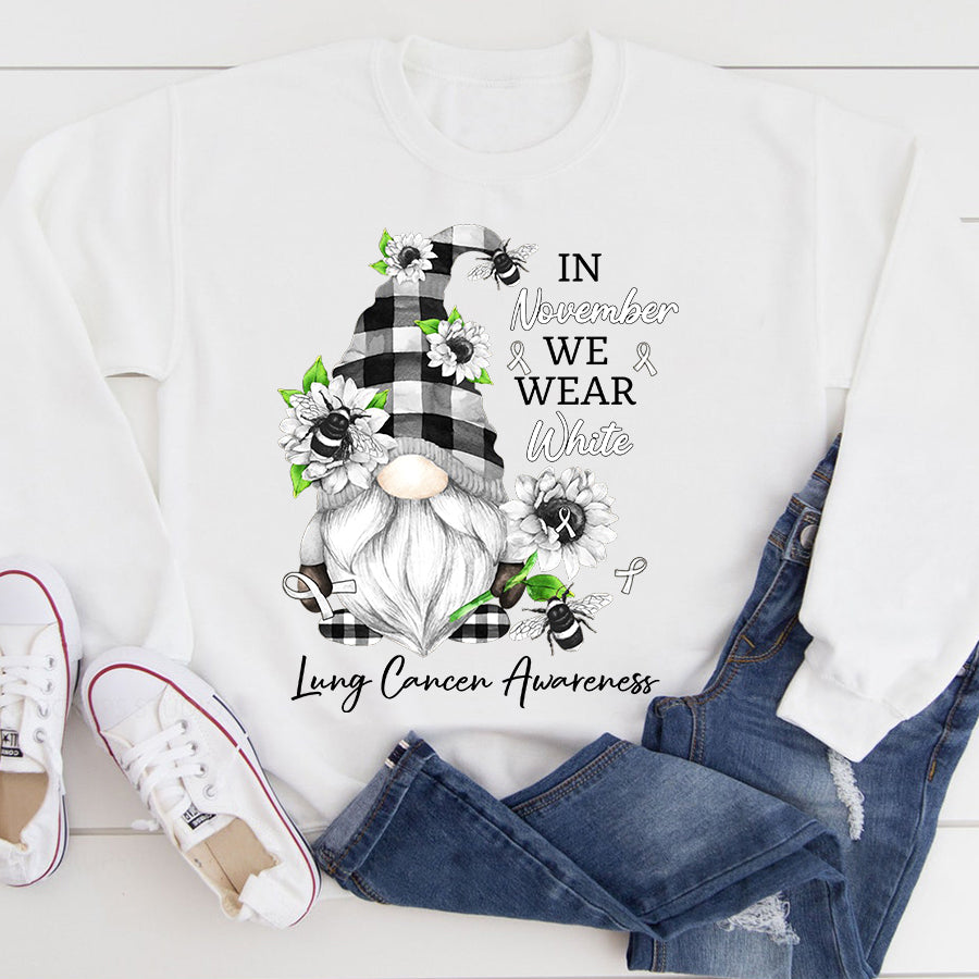 In November We Wear White Lung Cancer Awareness Gnomes T Shirt , Lung Cancer Awareness Ribbon Day, White Ribbon