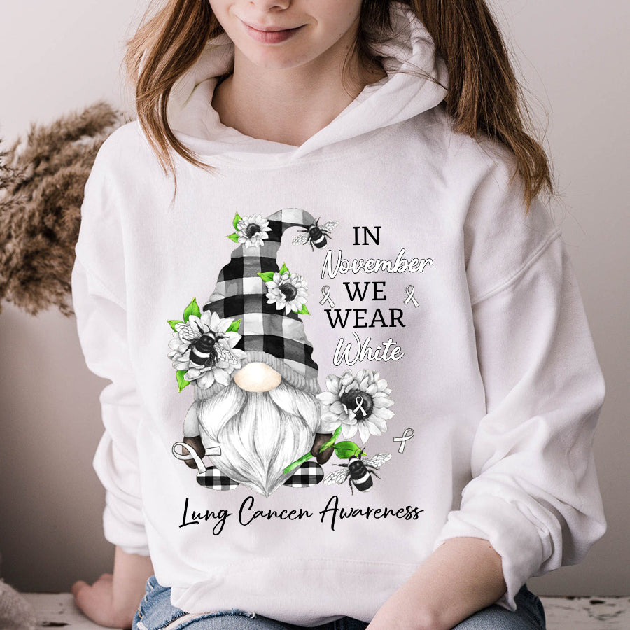 In November We Wear White Lung Cancer Awareness Gnomes T Shirt , Lung Cancer Awareness Ribbon Day, White Ribbon