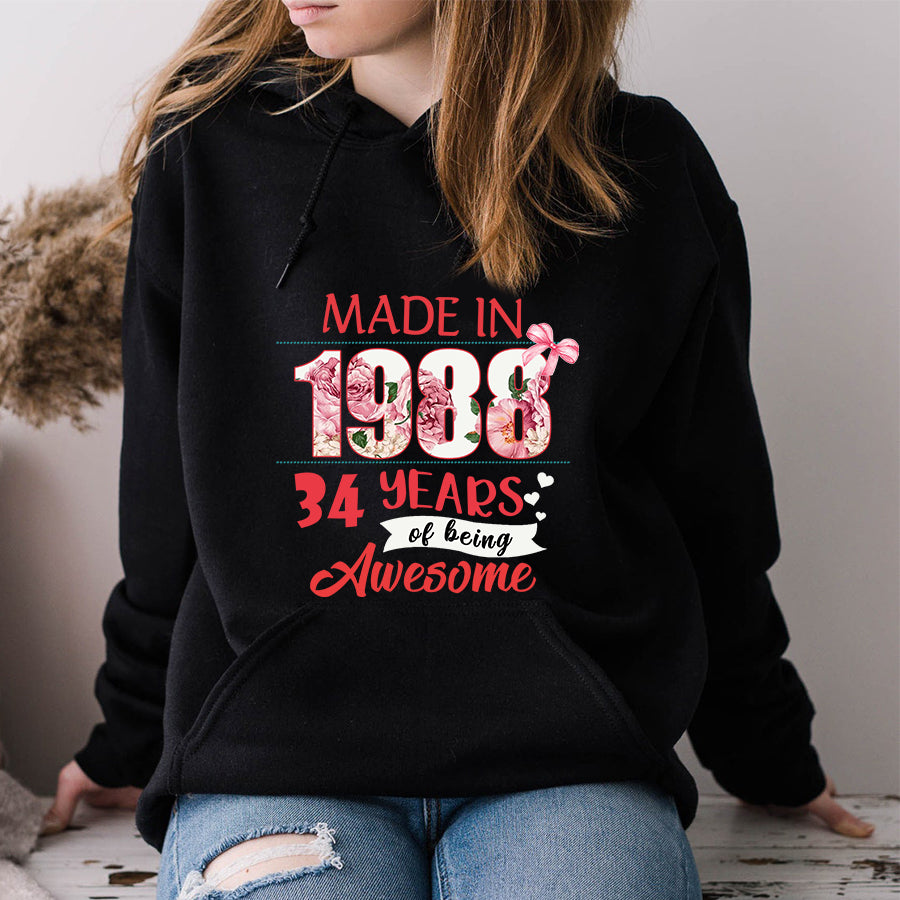 Made In 1988 - 34 years of being awesome 34th birthday unique t shirt for woman, her gifts for 34 years old, Turning 34 and fabulous birthday cotton shirt