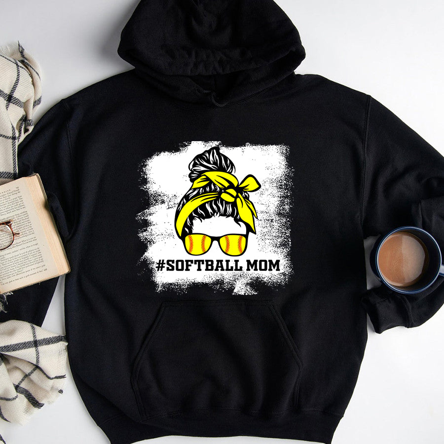 Softball Mom Shirt Messy Bun Softball Mom Life Bleached Game Day Cheer Mom T-Shirt Mothers Day Shirts for Women