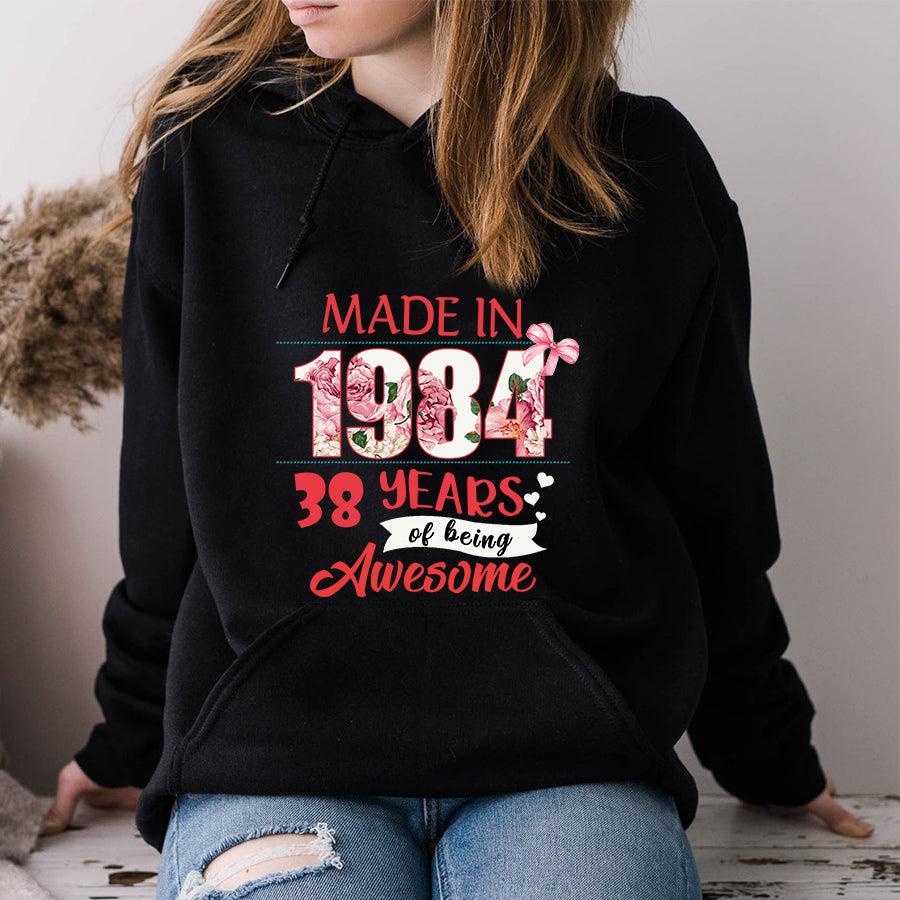 Made In 1984 - 38 years of being awesome 38th birthday unique t shirt for woman, her gifts for 38 years old , Turning 38 and fabulous birthday cotton shirt