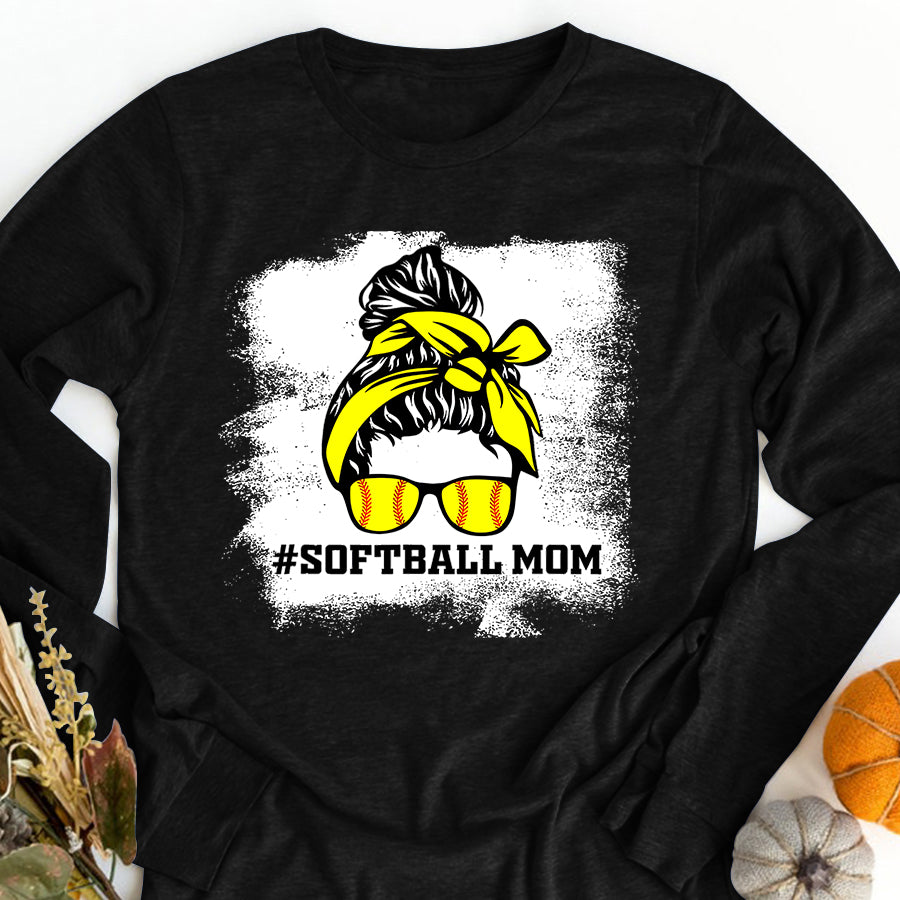Softball Mom Shirt Messy Bun Softball Mom Life Bleached Game Day Cheer Mom T-Shirt Mothers Day Shirts for Women