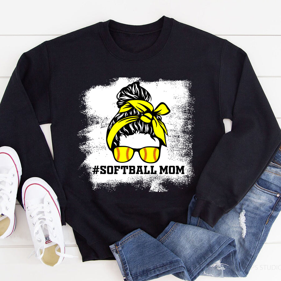 Softball Mom Shirt Messy Bun Softball Mom Life Bleached Game Day Cheer Mom T-Shirt Mothers Day Shirts for Women