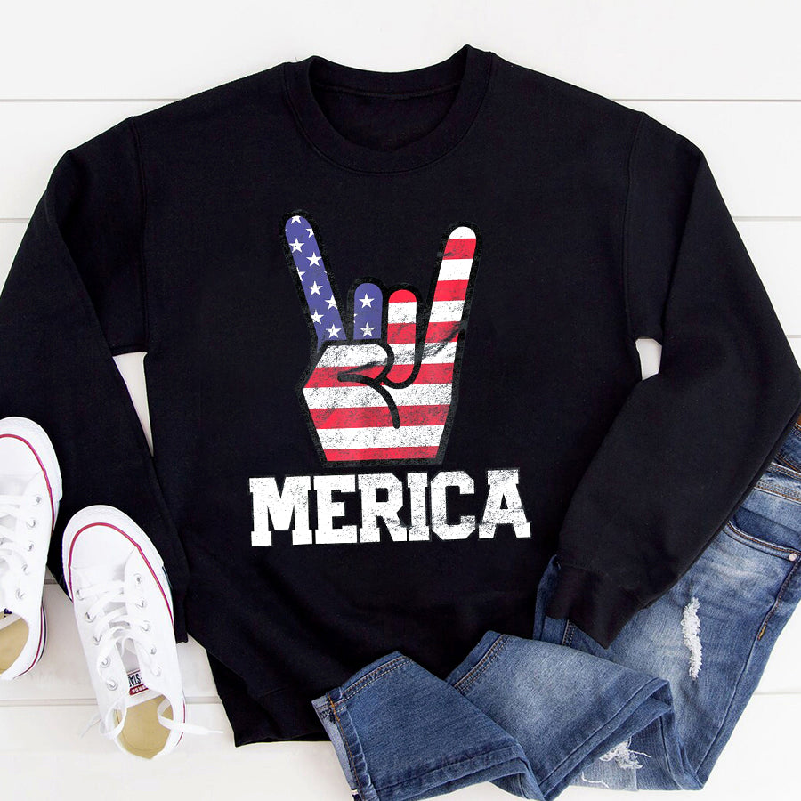 Independence Day Shirt Merica Rock Sign 4th of July Vintage American Flag Retro USA T-Shirt