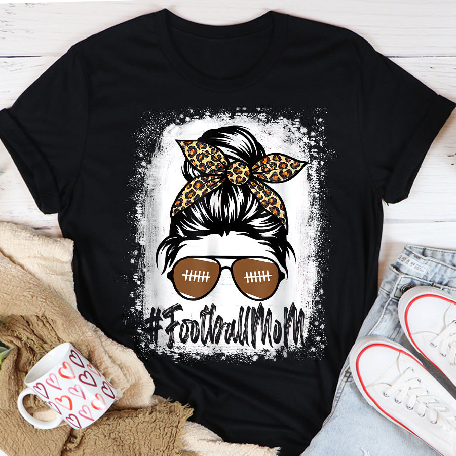 Football Mom Shirt Bleached Football Mom Life With Leopard and Messy Bun Player T-Shirt Mothers Day Shirts for Women