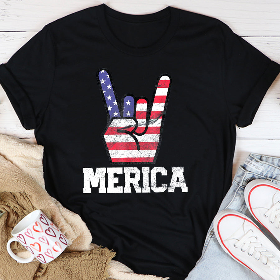 Independence Day Shirt Merica Rock Sign 4th of July Vintage American Flag Retro USA T-Shirt