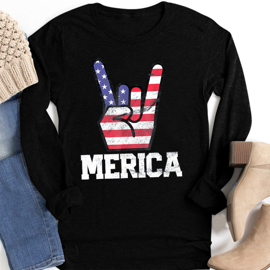 Independence Day Shirt Merica Rock Sign 4th of July Vintage American Flag Retro USA T-Shirt