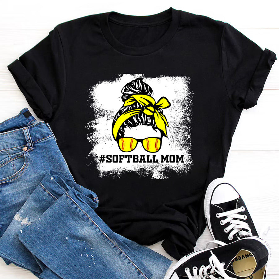 Softball Mom Shirt Messy Bun Softball Mom Life Bleached Game Day Cheer Mom T-Shirt Mothers Day Shirts for Women