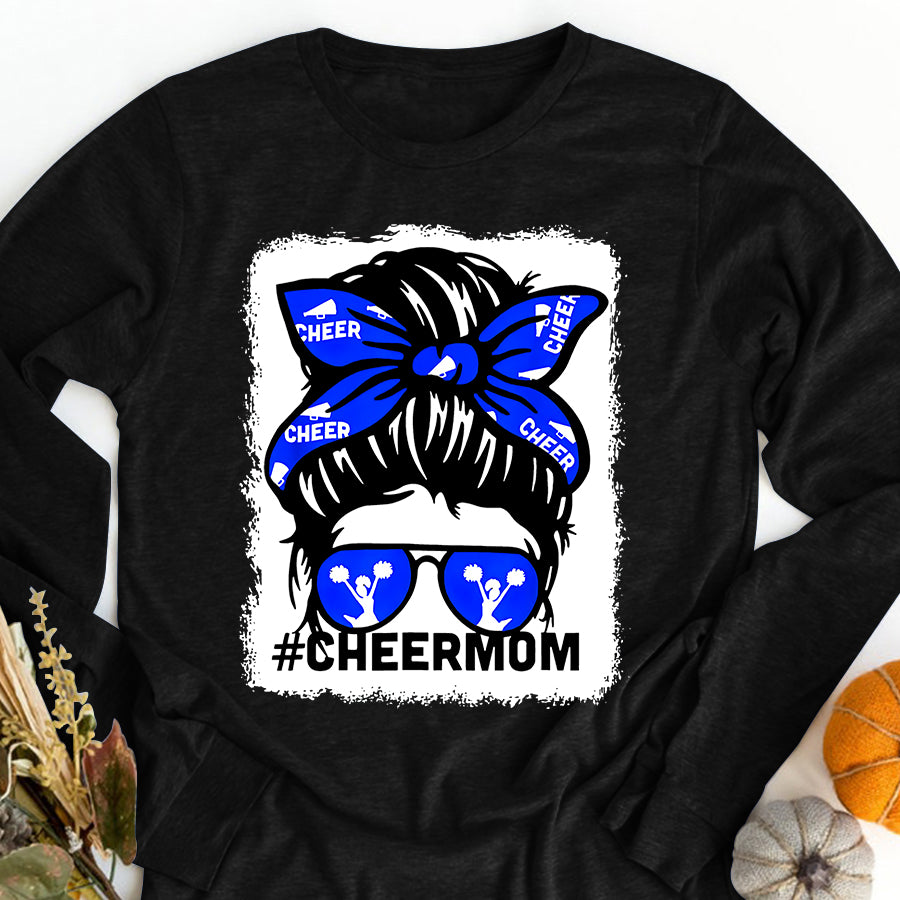Cheer Mom Shirt Bleached Cheer Mother Mama Parent Cheerleading Mom Messy Bun T-Shirt Mothers Day Shirts for Women