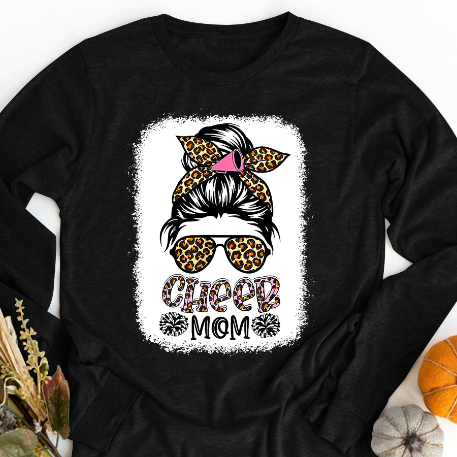 Cheer Mom Shirt Cheer Mom Leopard Messy Bun Cheerleader Bleached Mothers Day T-Shirt Mothers Day Shirts for Women