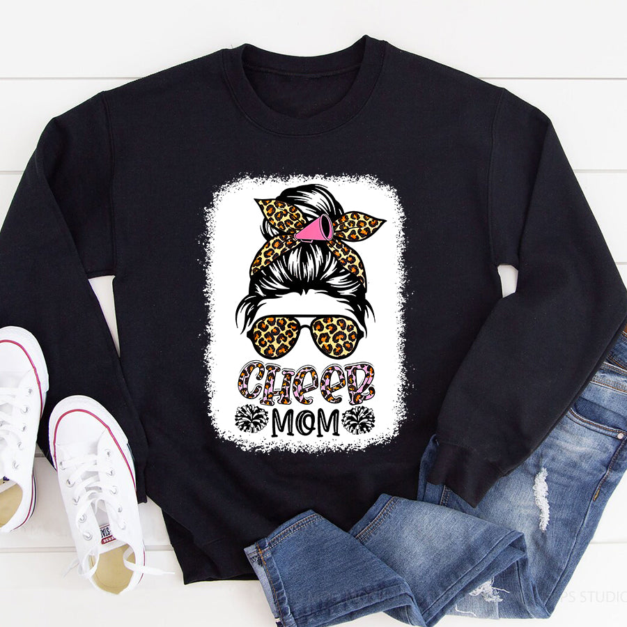 Cheer Mom Shirt Cheer Mom Leopard Messy Bun Cheerleader Bleached Mothers Day T-Shirt Mothers Day Shirts for Women