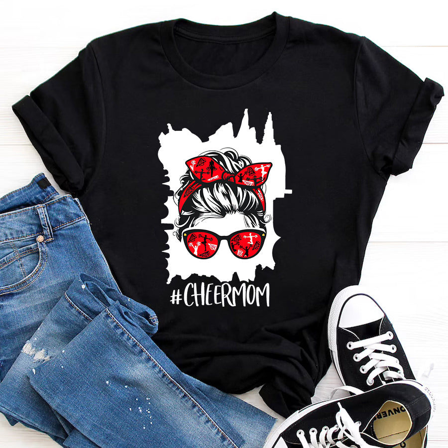 Cheer Mom Shirt Womens Funny Cheerleading Mom Messy Bun Cheer Mom T-Shirt Mothers Day Shirts for Women