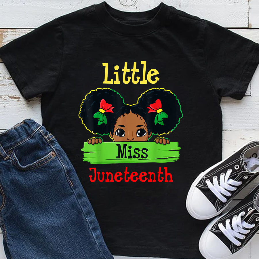 Juneteenth Youth Shirt Little Miss Juneteenth Brown Skin Princess Cute Girls Kids T-Shirt
