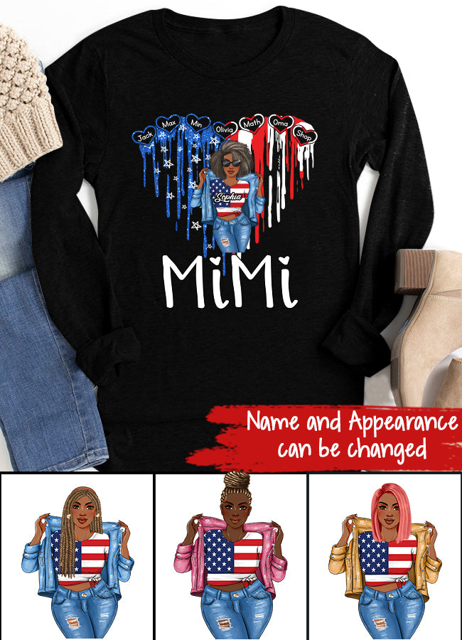 Love Heart Grandma With Grandkids USA Independence Day T-Shirt, Personalized Nana Mimi Grandma With Kids Names Shirt, Love Heart USA Shirt