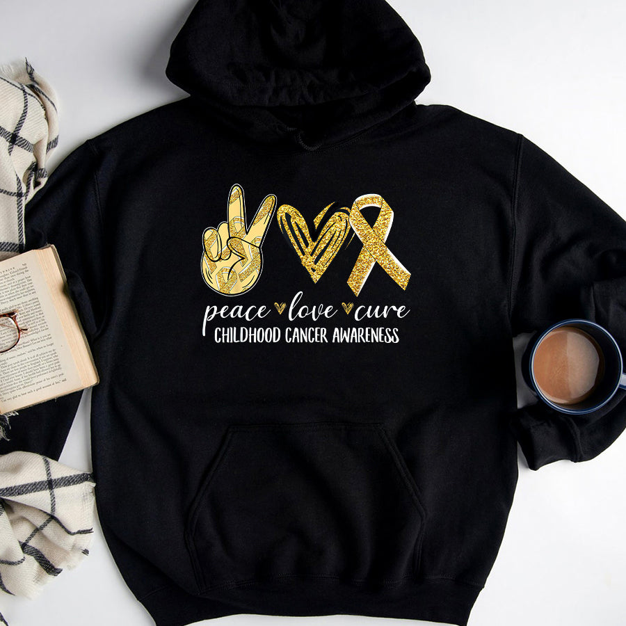 Childhood Cancer Awareness Shirt Peace Love Cure Childhood Cancer Awareness Gold Ribbon T-Shirt