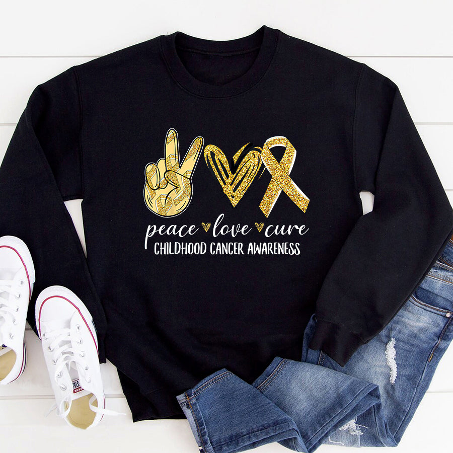 Childhood Cancer Awareness Shirt Peace Love Cure Childhood Cancer Awareness Gold Ribbon T-Shirt