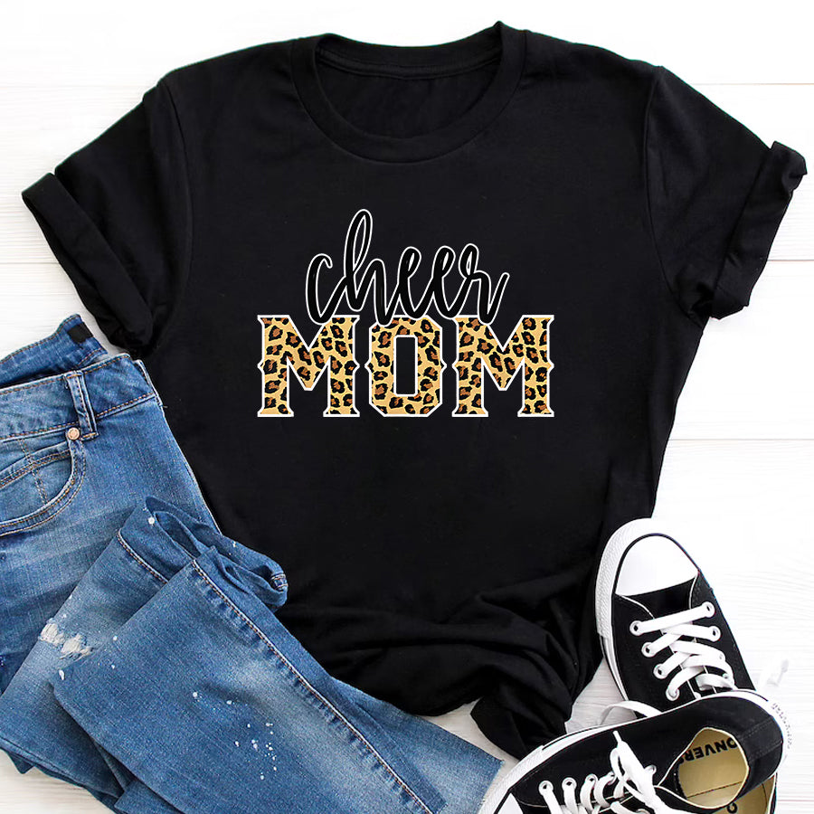 Cheer Mom Shirt Cheer Mom Leopard Print Proud Cheerleader Mother T-Shirt Mothers Day Shirts for Women