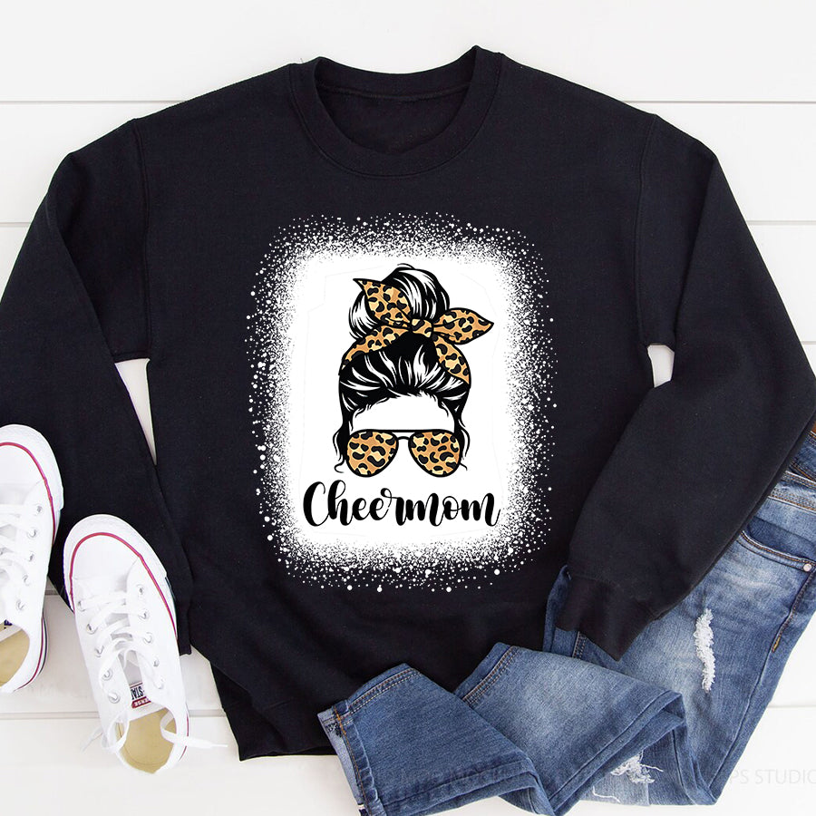 Cheer Mom Shirt Cheer Mom Leopard Messy Bun Lovers Mother Soccer Lover T-Shirt Mothers Day Shirts for Women