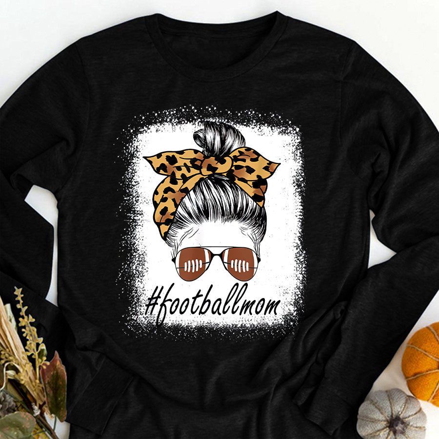 Football Mom Shirt Football Mom Messy Bun Leopard Mom Life Women Game Day T-Shirt Mothers Day Shirts for Women