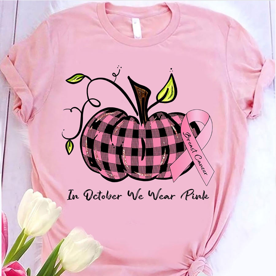 In october we wear pink  Halloween T Shirt, cute Halloween Shirt, Pumpkin Shirt, Breast Cancer skull t shirt, Shirt For Women