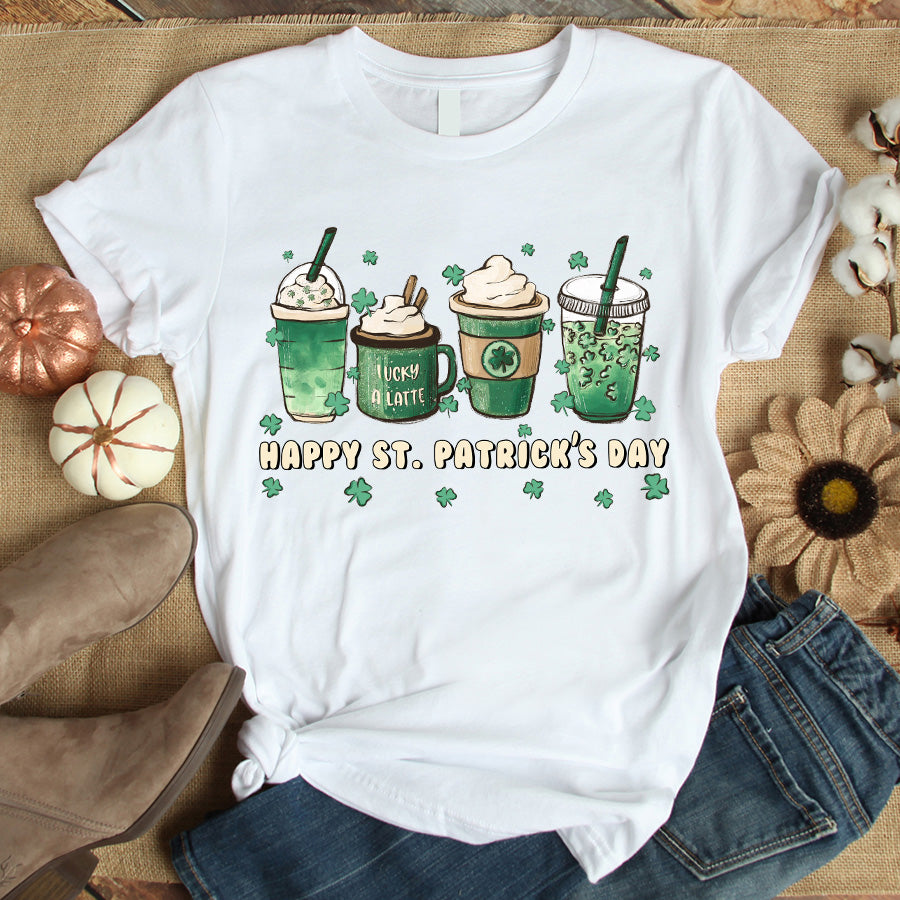 St. Patrick&#39;s coffee Shirts, Lucky latte lover iced cute funny gifts, Shamrock Shirt, Saint Patricks Day Shirt
