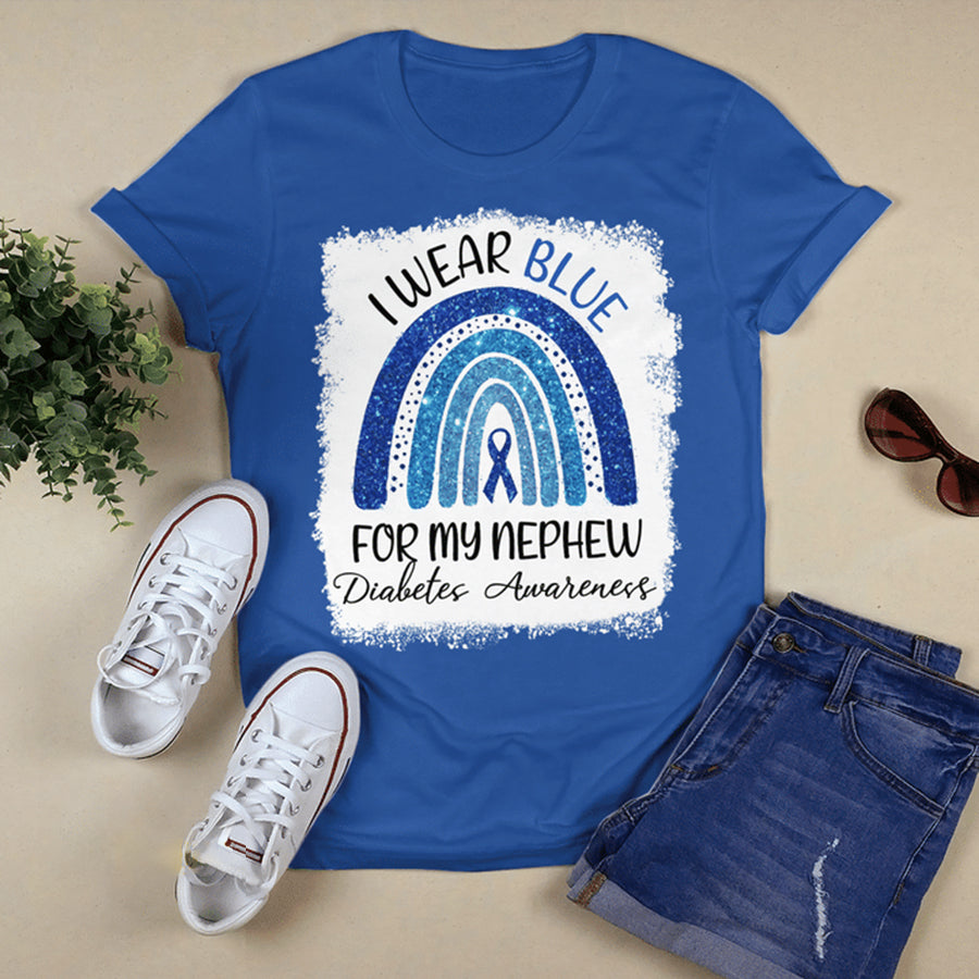 I Wear Blue For My Nephew Rainbow T Shirt , T1D Diabetes Awareness Gift, World Diabetes Day, Blue Ribbon