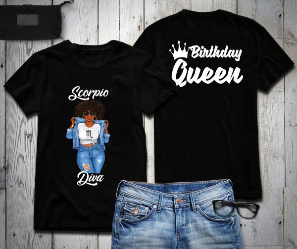 Personalized Zodiac Diva, Birthday Queen T shirt, African American T shirt, Afro girls shirt for Black woman